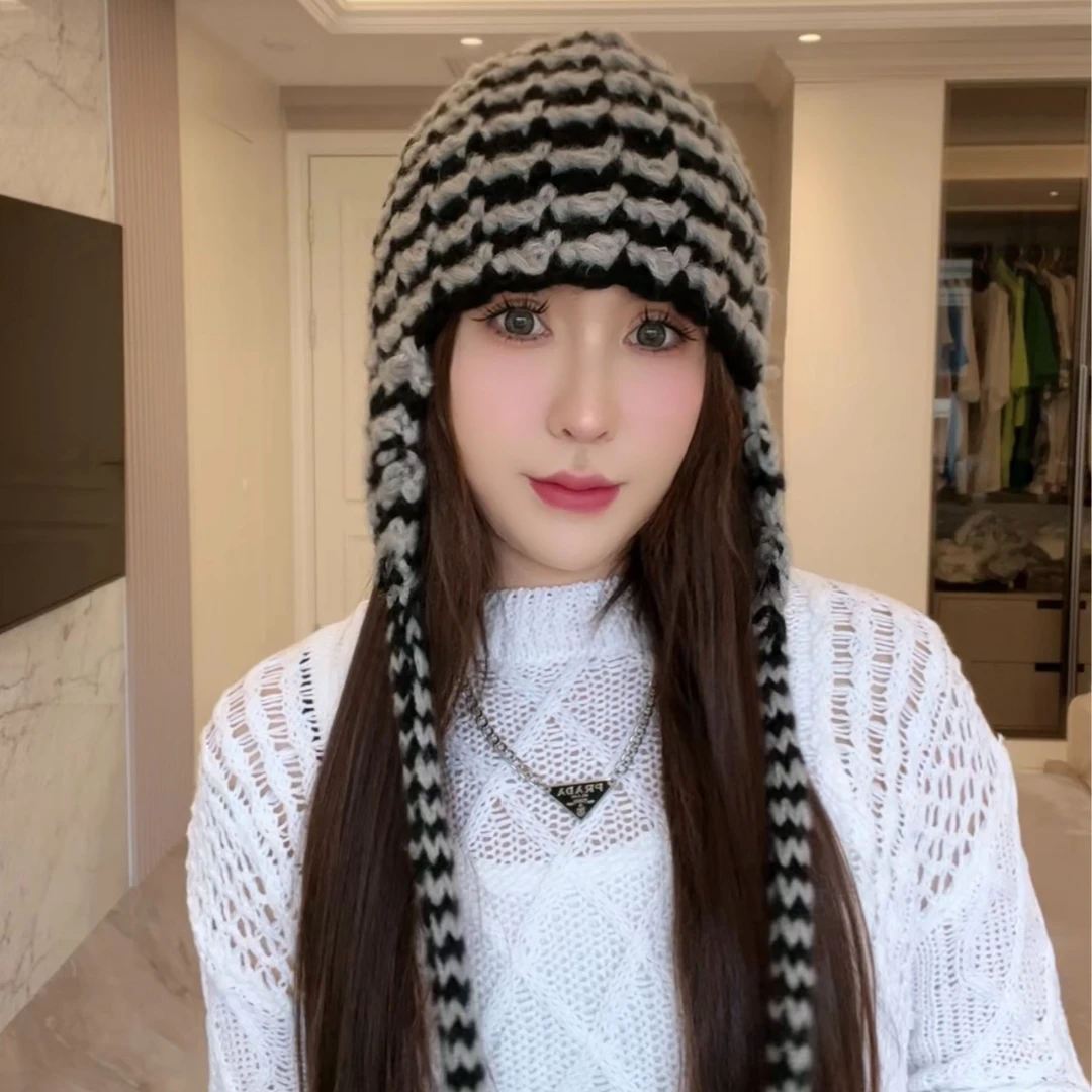 日系个性手工编织拼色毛线帽女秋冬季飞行员辫子护耳针织帽雷锋帽