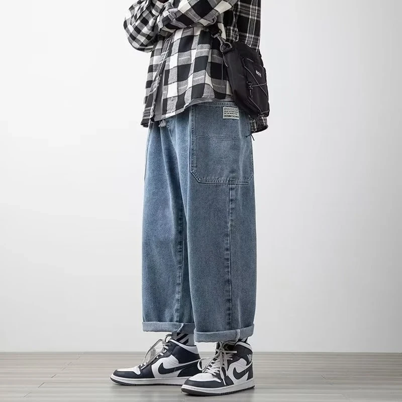 工装韩版直筒宽松百搭潮流高街休闲ins复古贴袋阔腿九分老爹裤