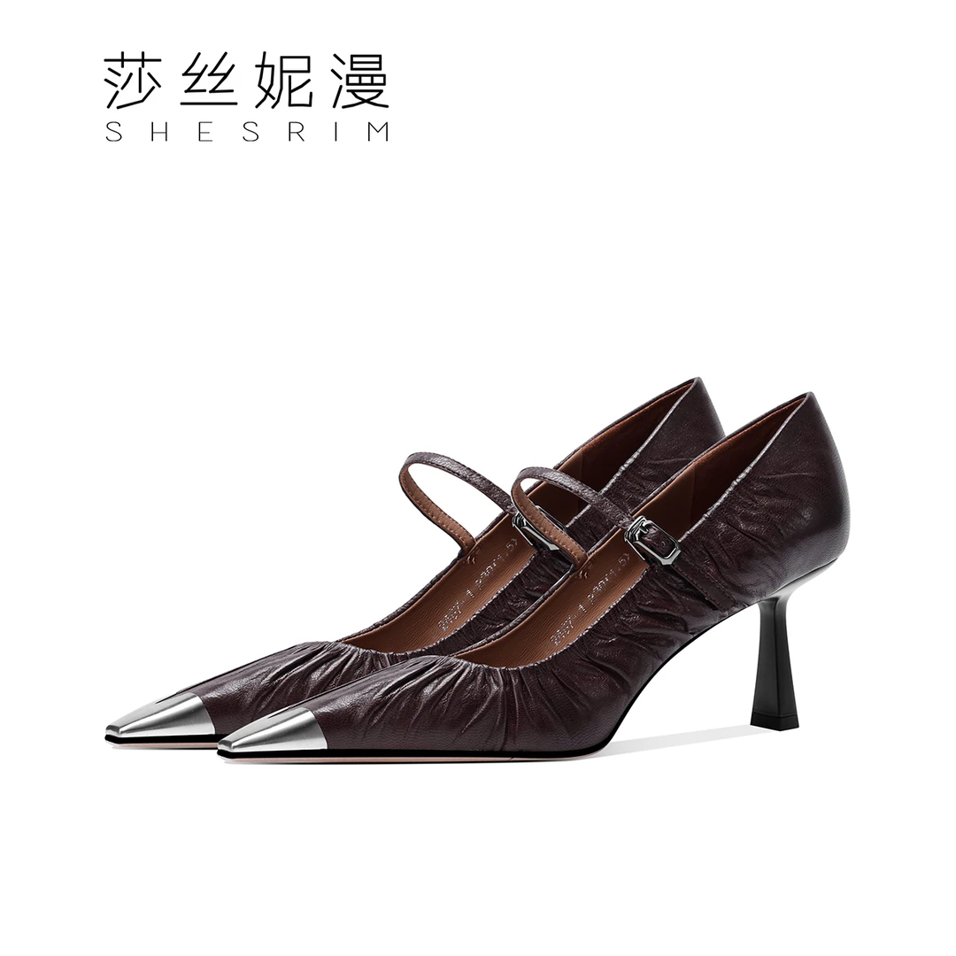 136-秋款一字搭扣法式复古银色玛丽珍鞋女粗跟气质高跟单鞋百搭