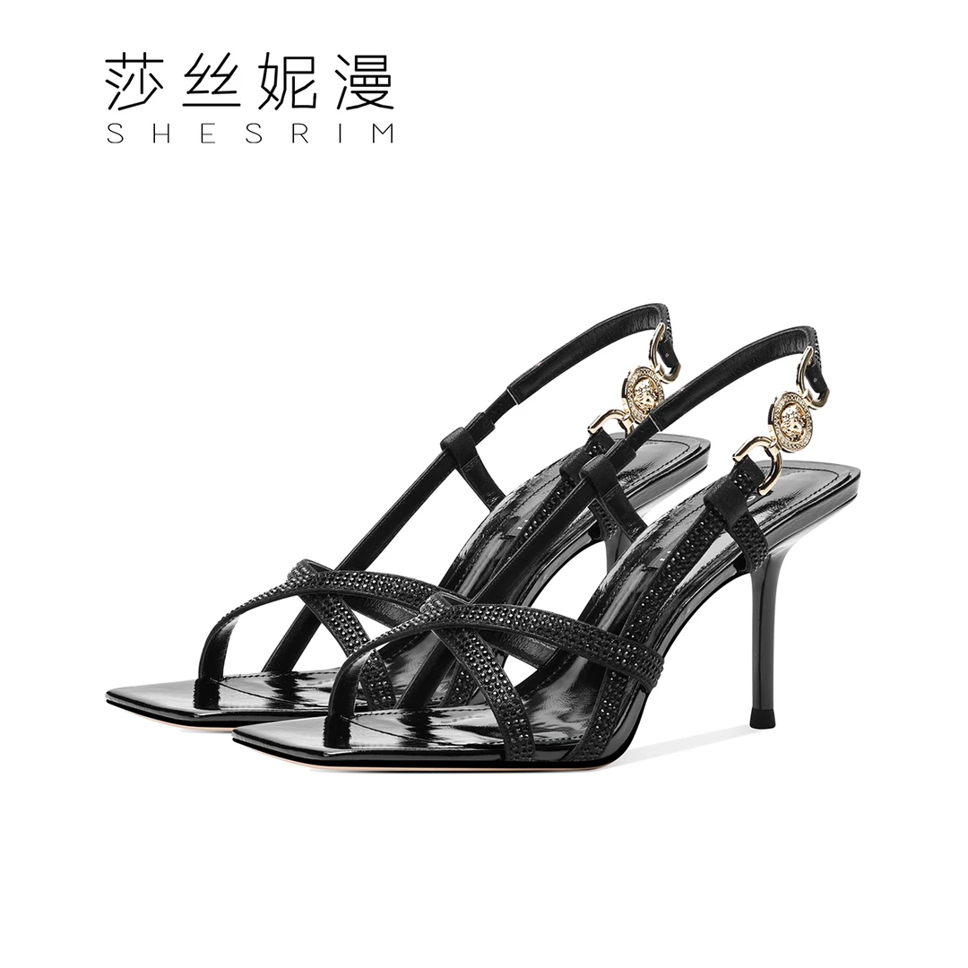 L25-夏新款露趾细跟凉鞋一字扣水钻高跟鞋时尚女鞋