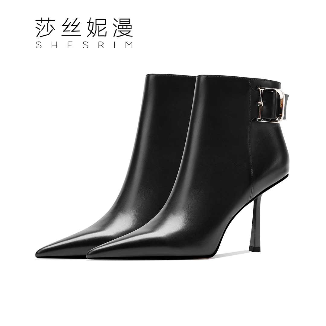 气质短靴女百搭高跟鞋胎黑色秋冬水钻时装靴时尚简约绒里尖头