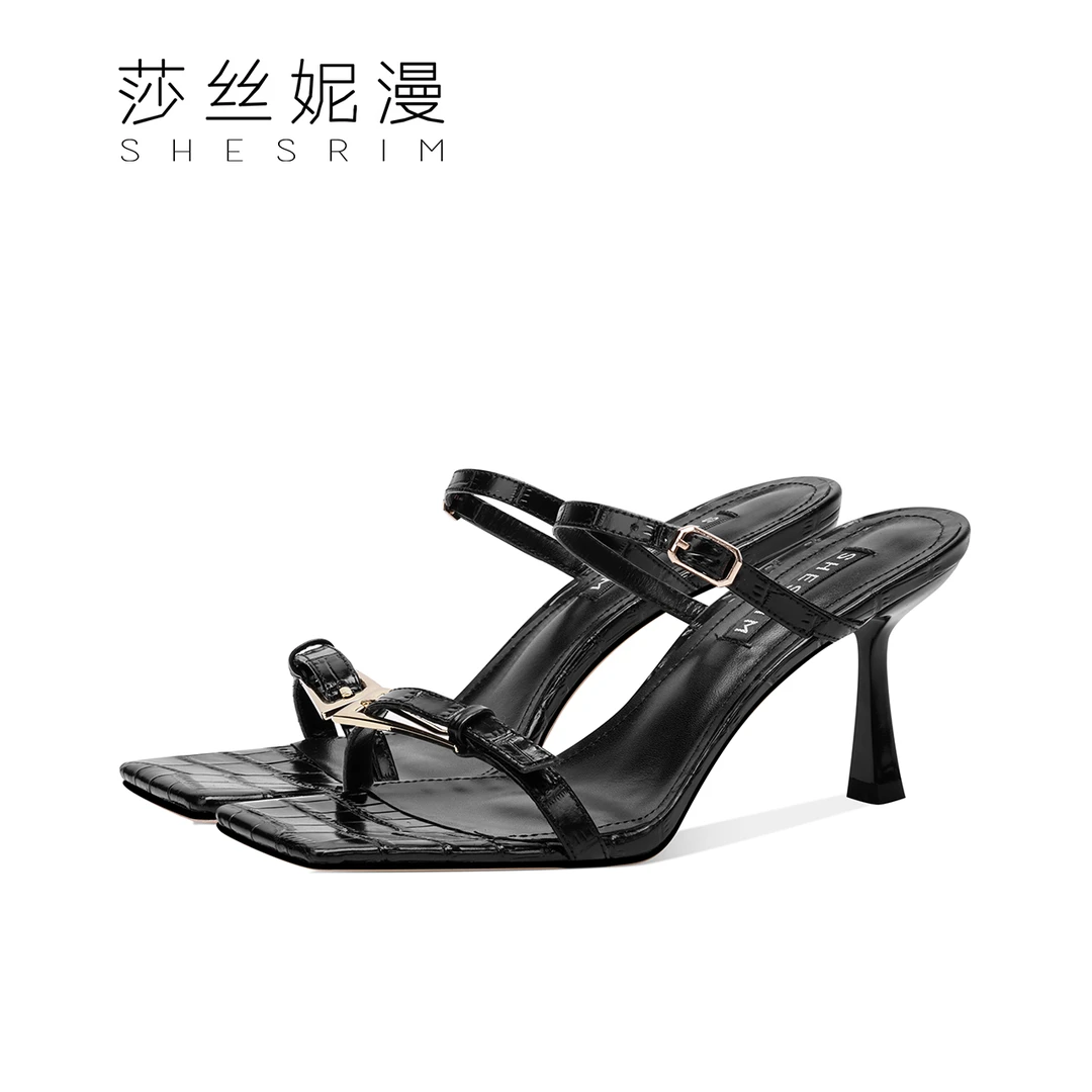 65-【新品推荐】一字带露趾高跟凉拖女细跟拖鞋百搭黑色法式半拖