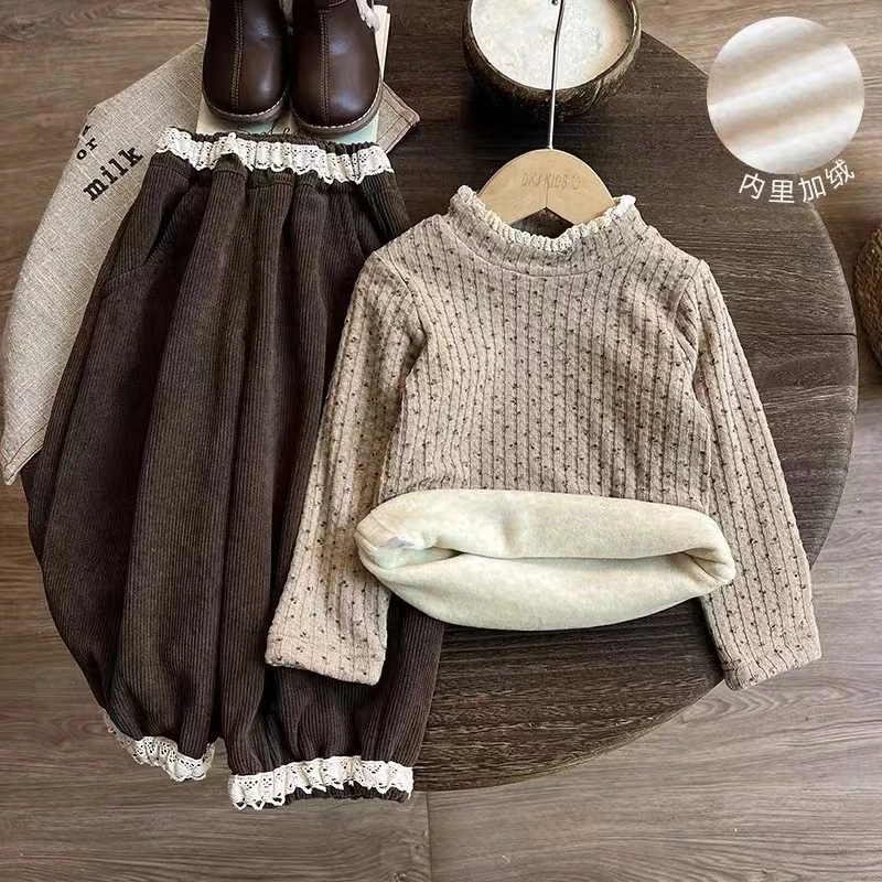 【现货】女童加绒加厚打底衫2024秋冬女宝森系内搭保暖加厚套装