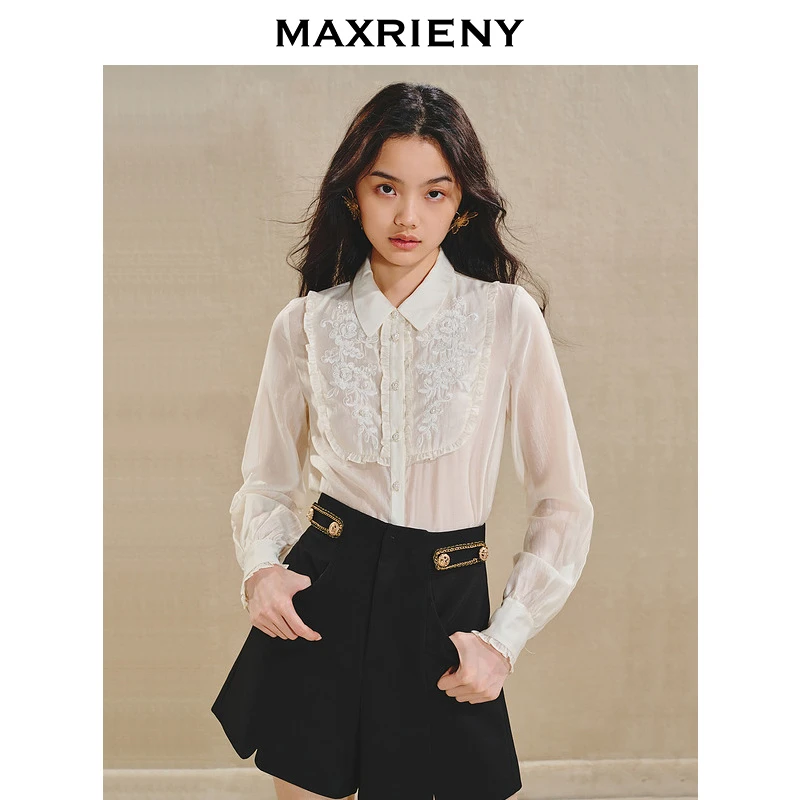 【林一专属】MAXRIENY精致风绣花蕾丝衬衫秋冬新款修身花边上衣女