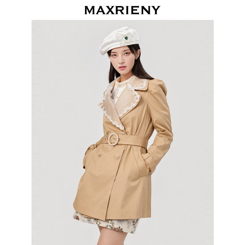 【媛媛女王】MAXRIENY卡其色斜纹风衣女春季外套中长款