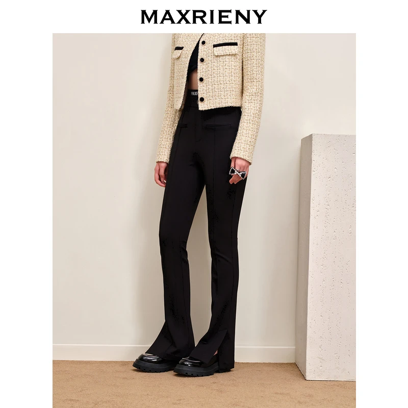 【千颂妮专属】MAXRIENY百搭弹力开叉双腰头微喇裤修身高腰长裤