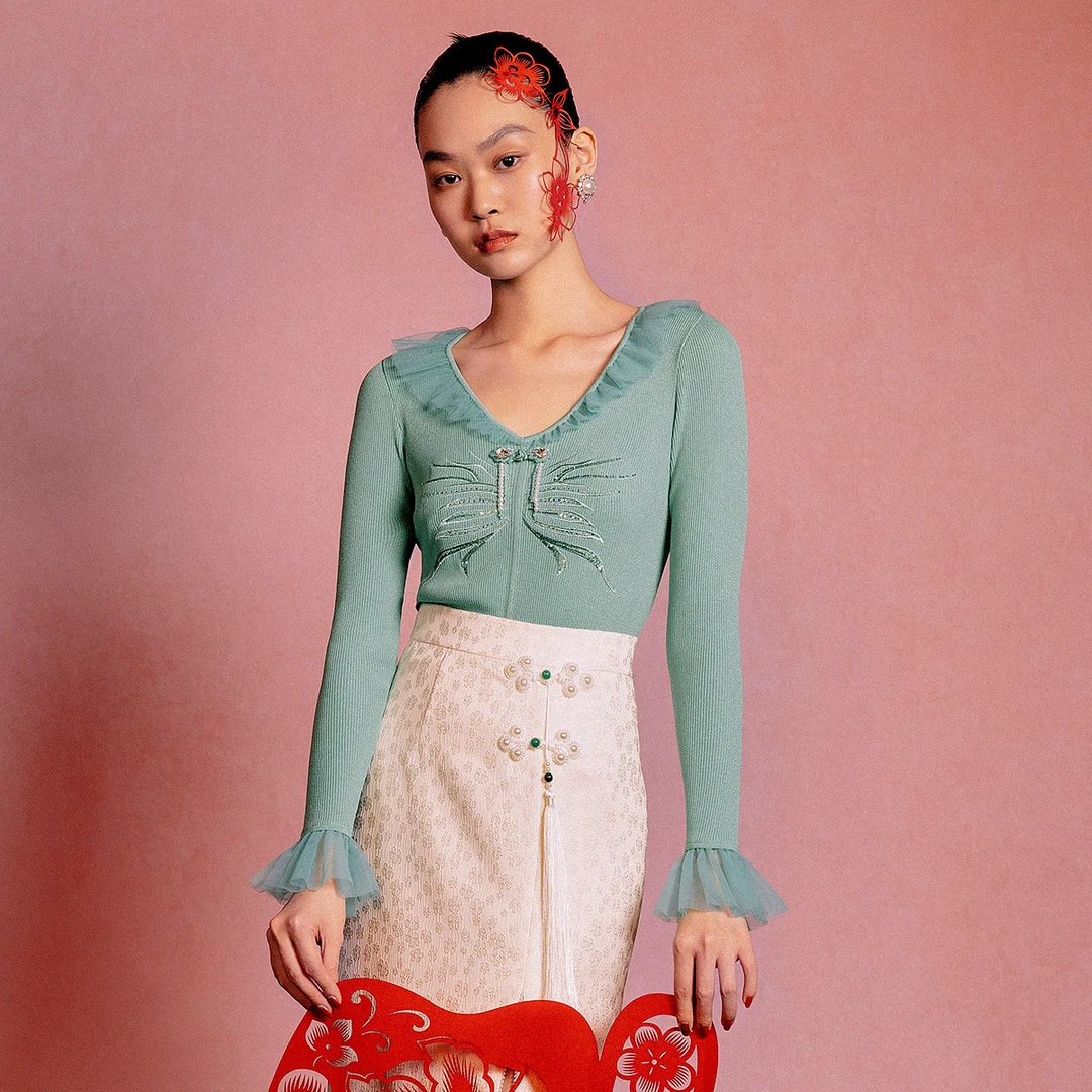 【小呆鸟专属】鱼戏莲叶间MAXRIENY锦鲤刺绣荷叶边v领毛织开衫上衣