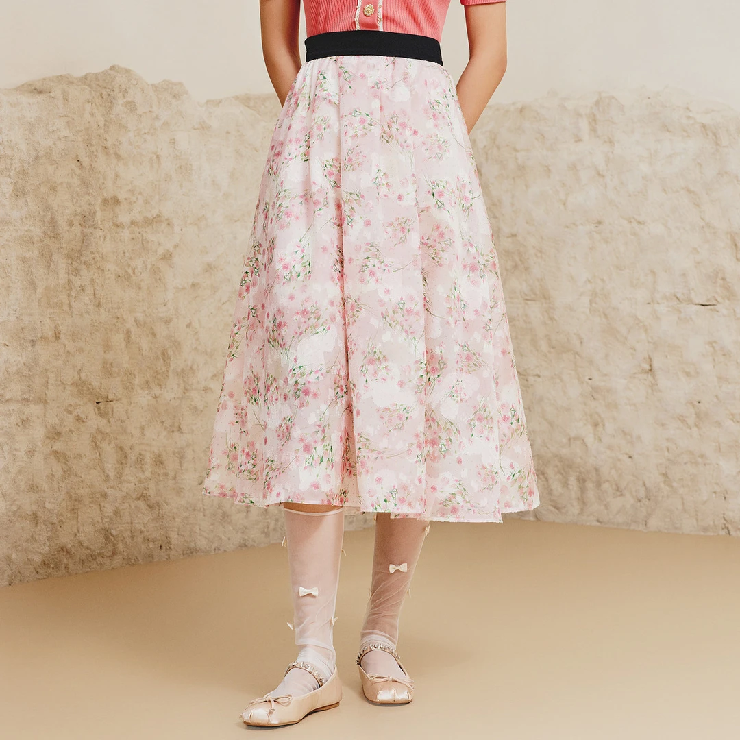 【蜜思仝】MAXRIENY温柔少女感桃花提花a字半身裙长裙女2023