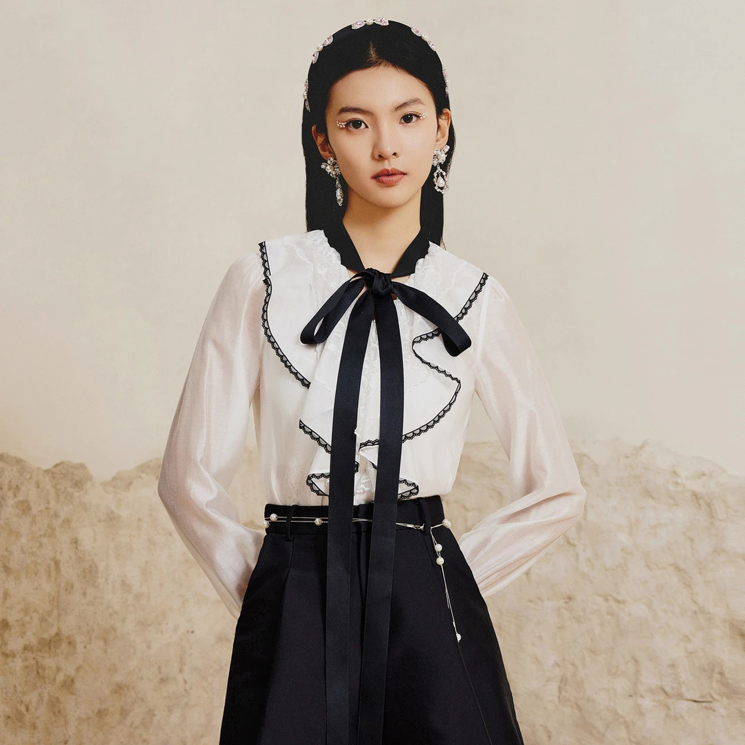 (丫头)MAXRIENY复古感蝴蝶结蕾丝雪纺衫春季新款衬衫女