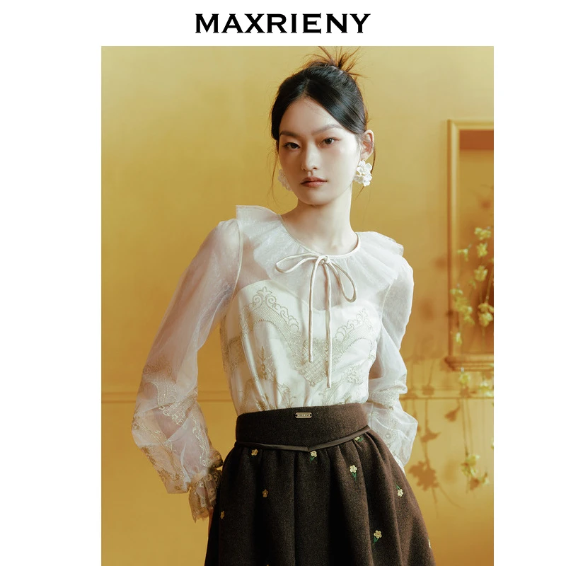 M-MAXRIENY华丽蕾丝蝴蝶结上衣年长袖提花上衣