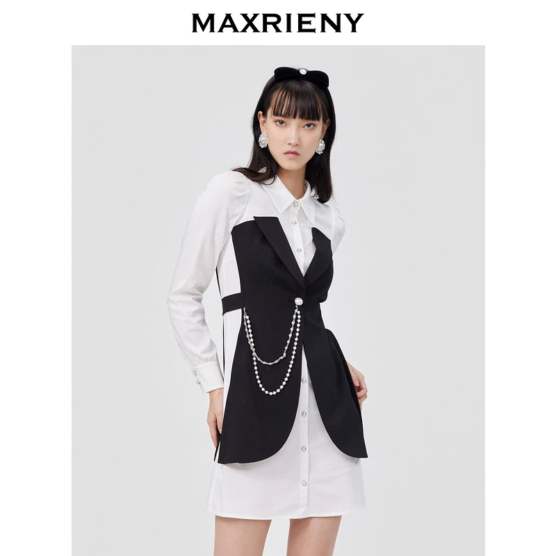 【千颂妮专属】maxrieny显瘦衬衫裙女春季新款假两件撞色连衣裙