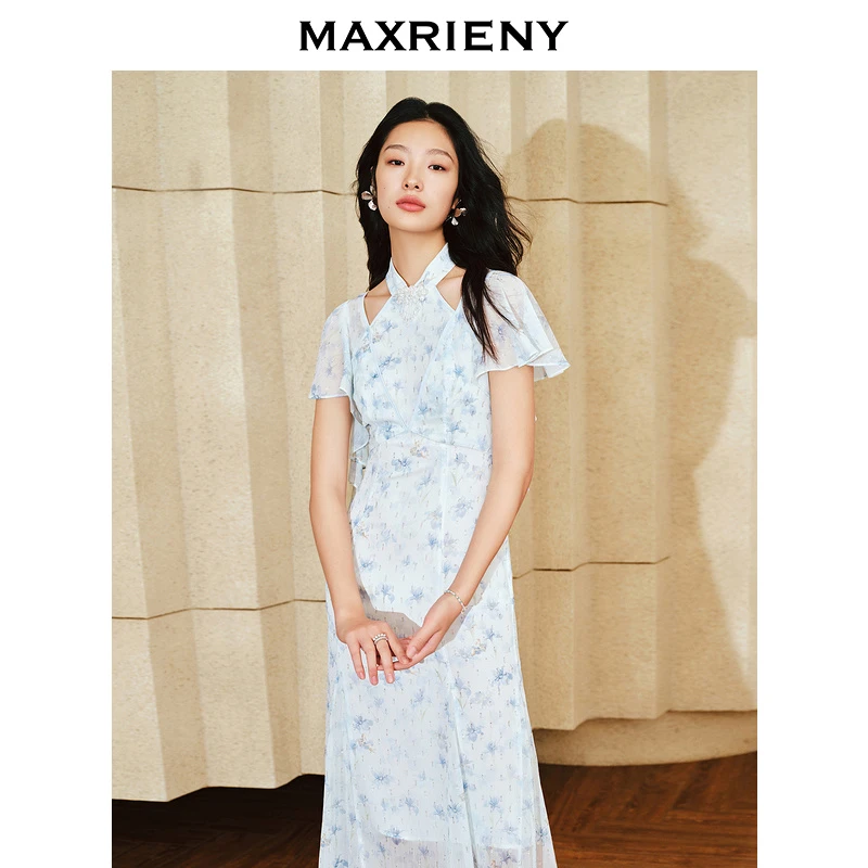 【蜜思仝】MAXRIENY时尚少女气质蓝色印花中式女装连衣裙