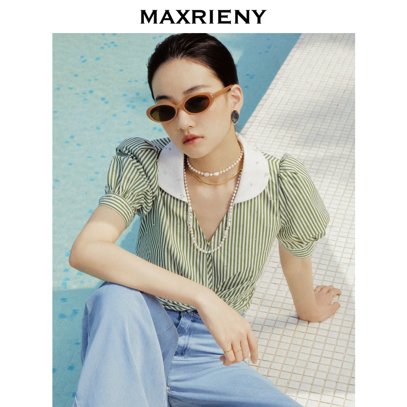 （丫头）MAXRIENY衬衫绿色V领夏季气质