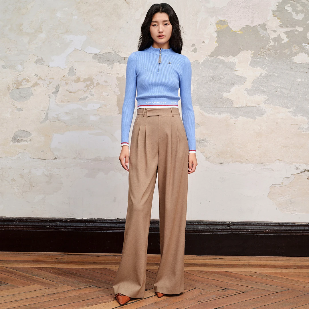 【若谷大大专属】MAXRIENY率性复古感摩卡高腰褶皱阔腿裤梭织休闲裤