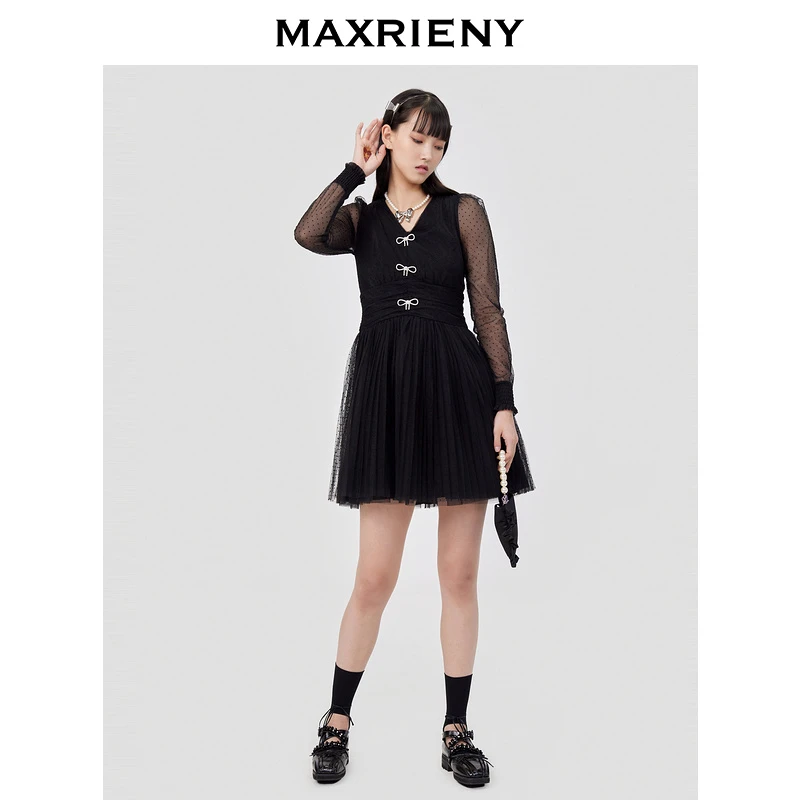 【高高甄选】maxrieny复古波点连衣裙女春款网纱蕾丝短裙洋气