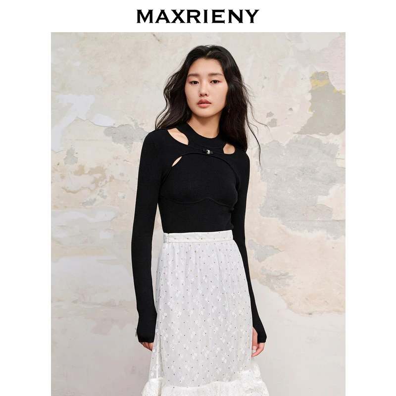 【诗语专属】MAXRIENY黑色解构镂空套头针织长袖修身上衣女
