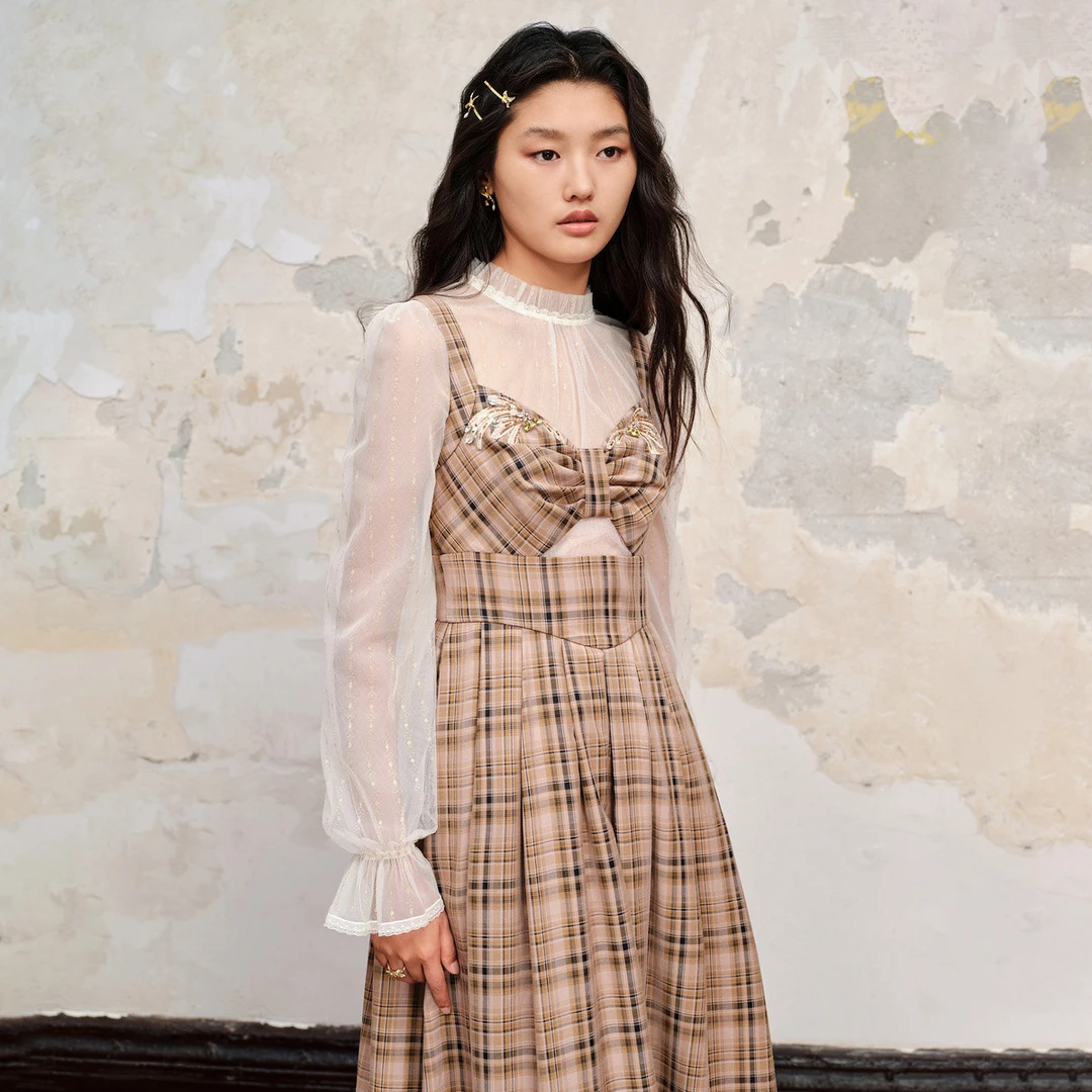 【媛媛女王】MAXRIENY浪漫格纹吊带背心连衣裙秋季吊带裙