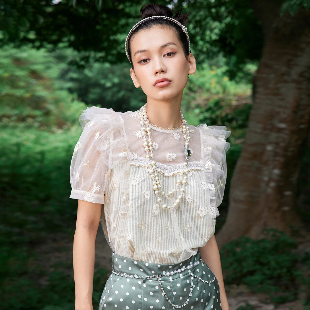 【媛媛女王】MAXRIENY网纱条纹上衣夏季设计感蕾丝衫短袖小衫