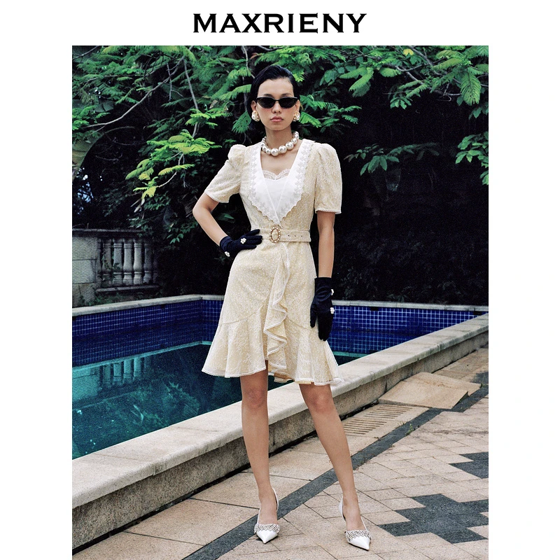 （丫头）MAXRIENY搭片围裹式复古短裙夏季蕾丝波点连衣裙