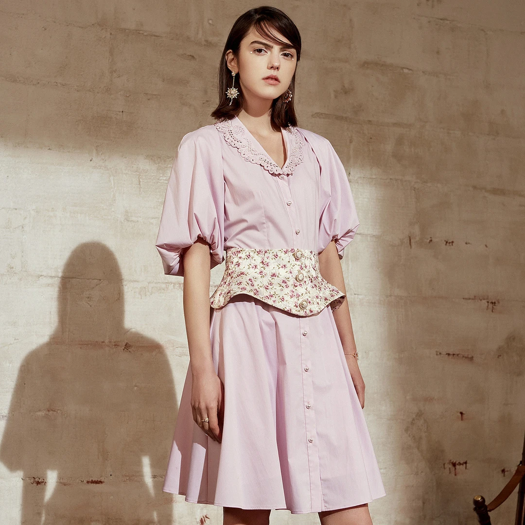 【小呆鸟专享】粉色连衣裙夏季女士娃娃领衬衫裙泡泡袖甜美短裙