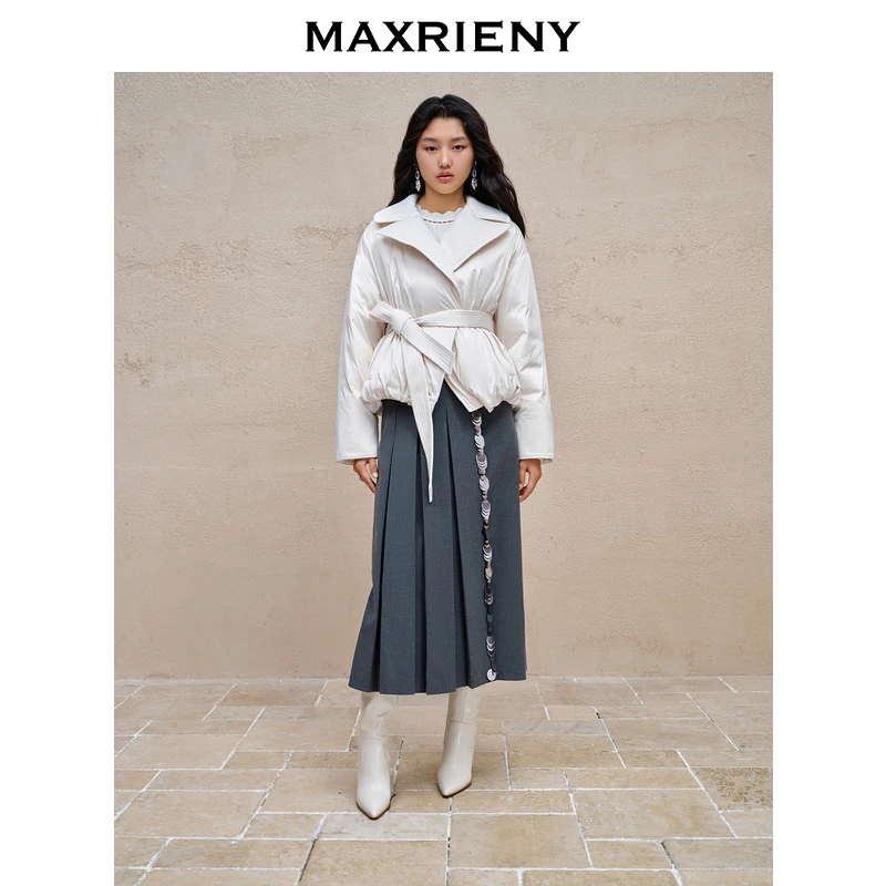 【小余专属】MAXRIENY精致感闪亮半裙烟灰色百褶裙