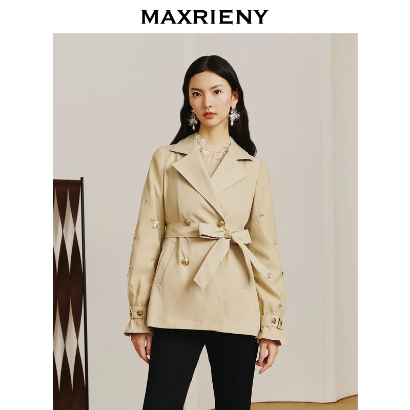 【老板娘夏天】MAXRIENY网纱钉珠刺绣花卉拼接短款风衣