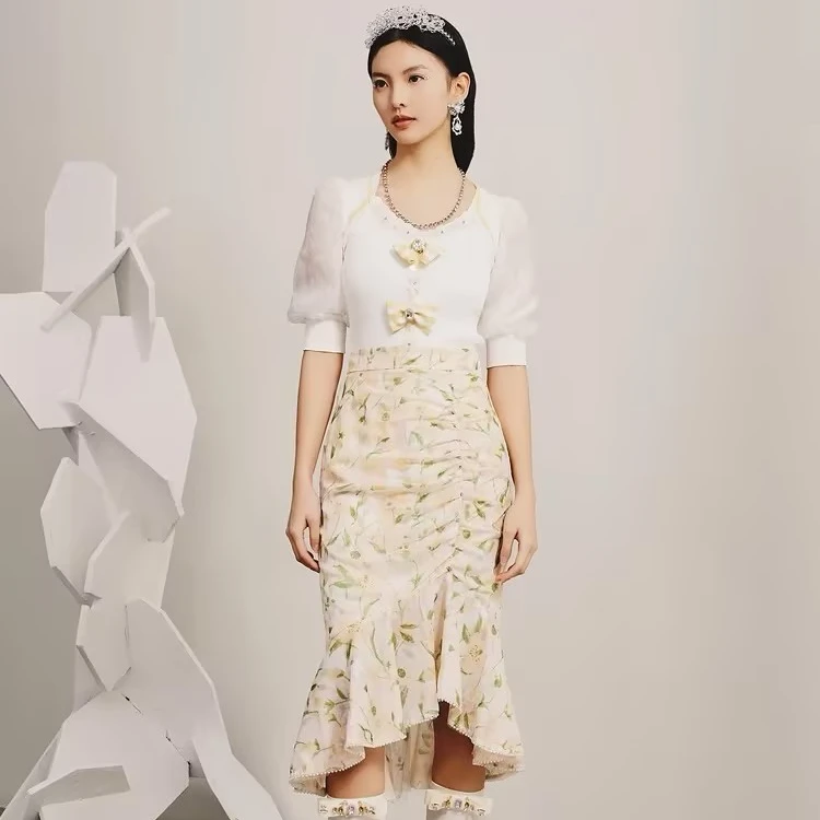 【高高甄选】MAXRIENY春日少女感针织拼接上衣女雪纺衫