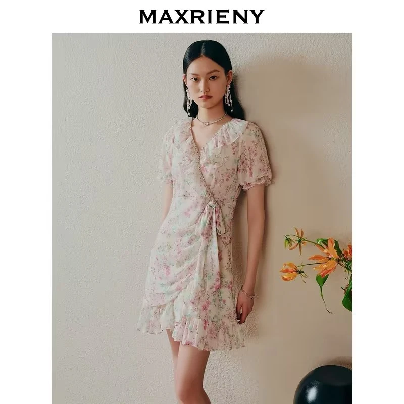 （丫头）MAXRIENY茶歇裙连衣裙蕾丝法式碎花真丝长裙