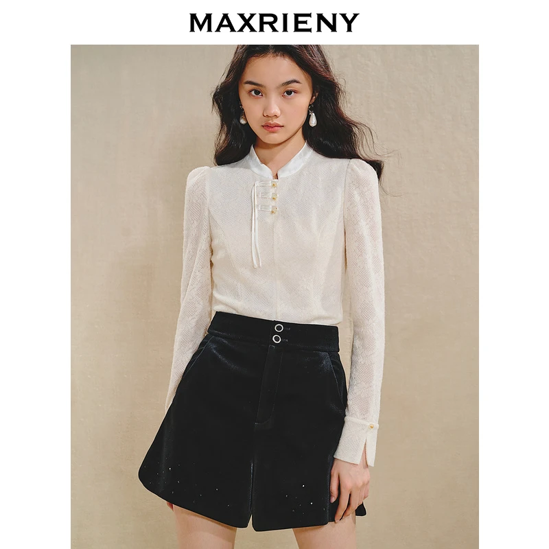 【蜜思仝】MAXRIENY贵雅新中式蕾丝衬衫收腰2024秋冬新款修身上衣女
