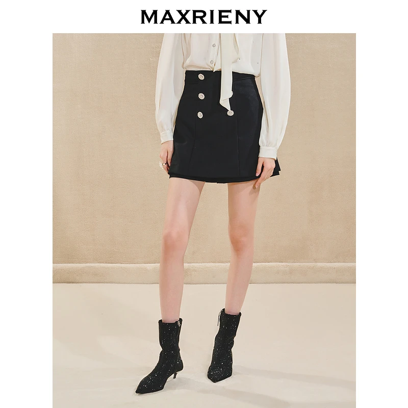 【陈大可专属】MAXRIENY精致复古风短裤秋冬复古花边双排扣裙裤