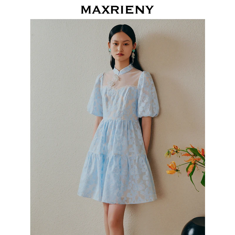 【粉丝专享】MAXRIENY新中式显瘦娃娃裙连衣裙薄荷曼波方领连衣裙