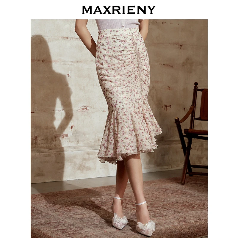 【媛媛女王】MAXRIENY褶皱半身裙女士鱼尾裙中长款洋气裙子薄