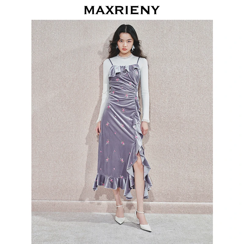 【昕昕严选】MAXRIENY浪漫感吊带连衣裙冬款修身显瘦开叉长裙约会