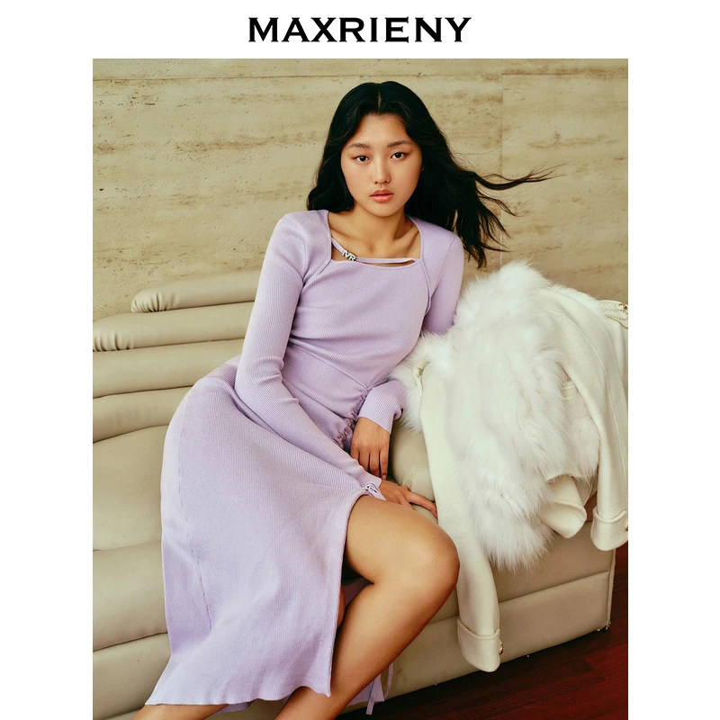 【诗语专属】MAXRIENY精致优雅浪漫修身长款开叉系带毛织连衣裙
