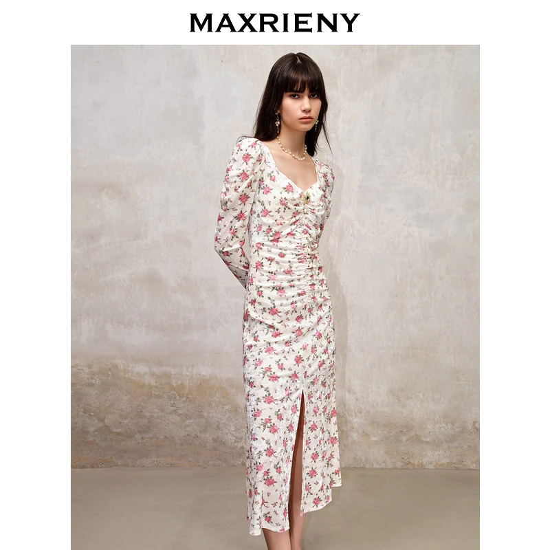【陈大可专属】MAXRIENY秋长袖连衣裙时尚碎花修身高腰复古针织法式