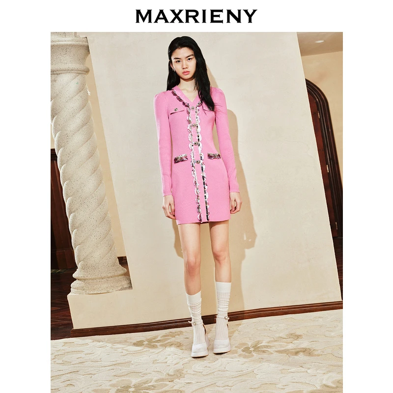 【诗语专属】MAXRIENYKitty粉v领小香连衣裙裙子女
