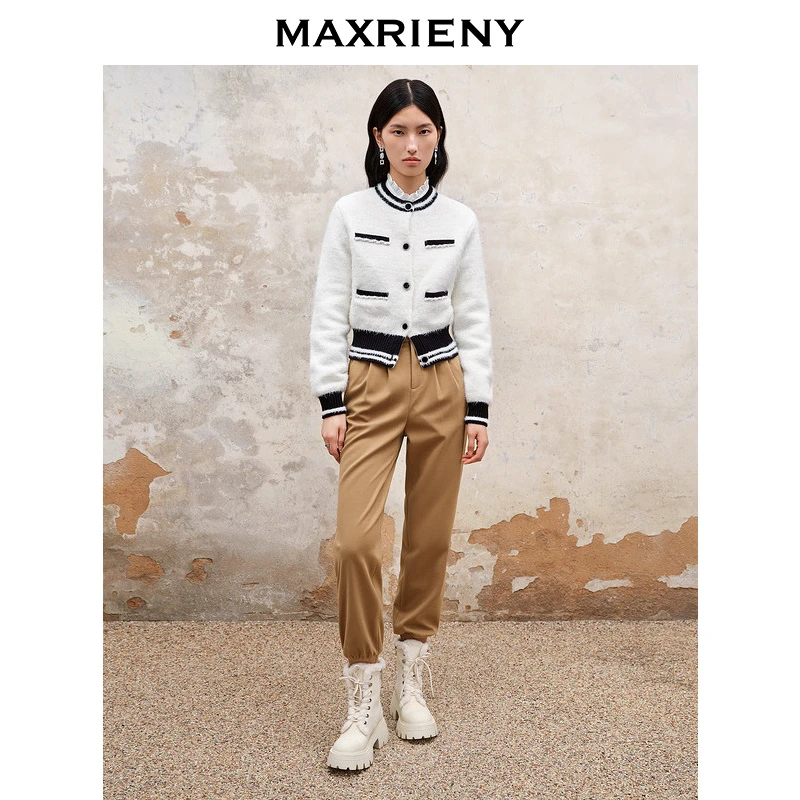 【林一专属】MAXRIENY美拉德配色针织休闲裤女新款褶皱工装裤子复古