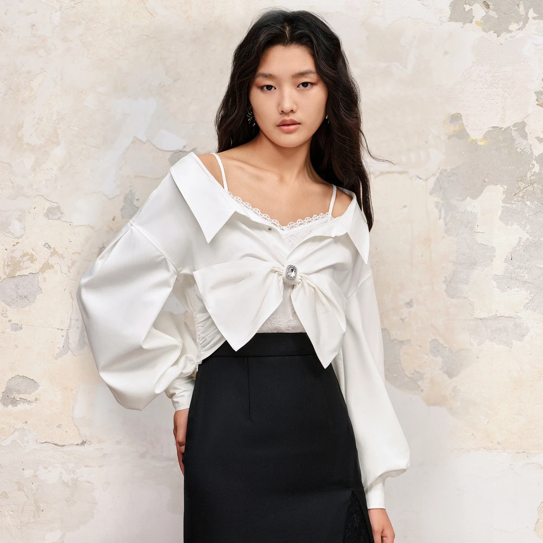 【小呆鸟专享】精致大廓形蝴蝶扭结截短衬衫上衣