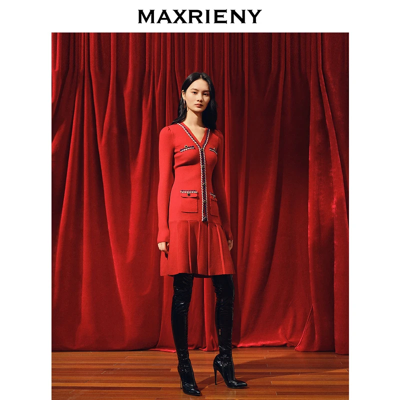 【林一专属】MAXRIENY精致优雅撞色织带连衣裙冬款新年裙子