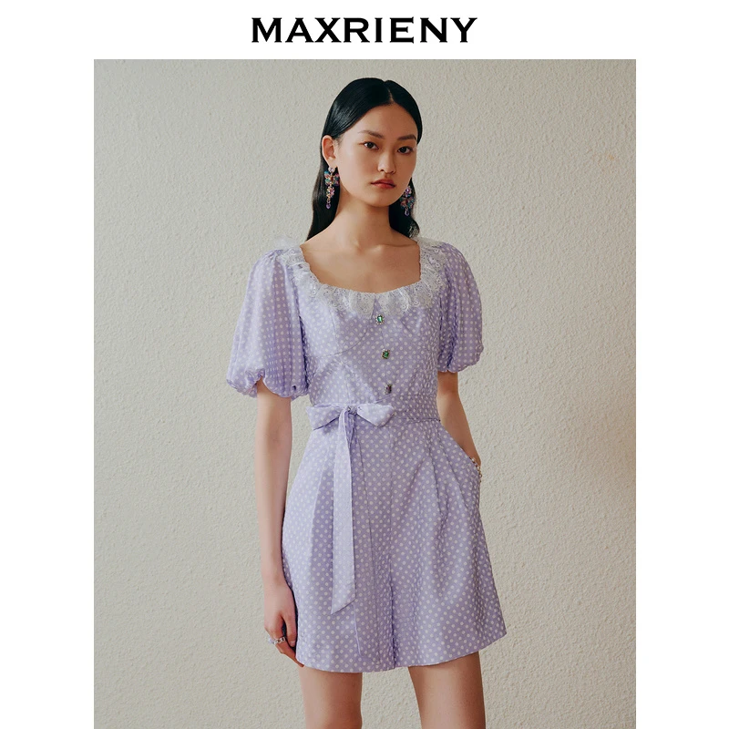 （丫头）露肩复古波点连体短裤