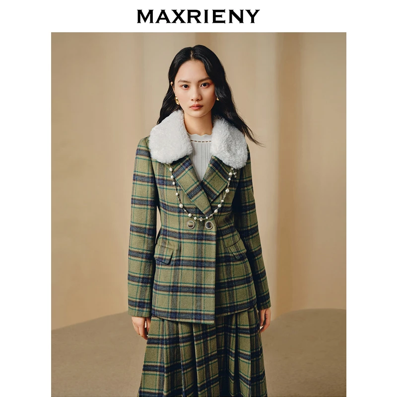 【蜜思仝】MAXRIENY宫廷风收腰格纹毛领外套女毛呢外套气质