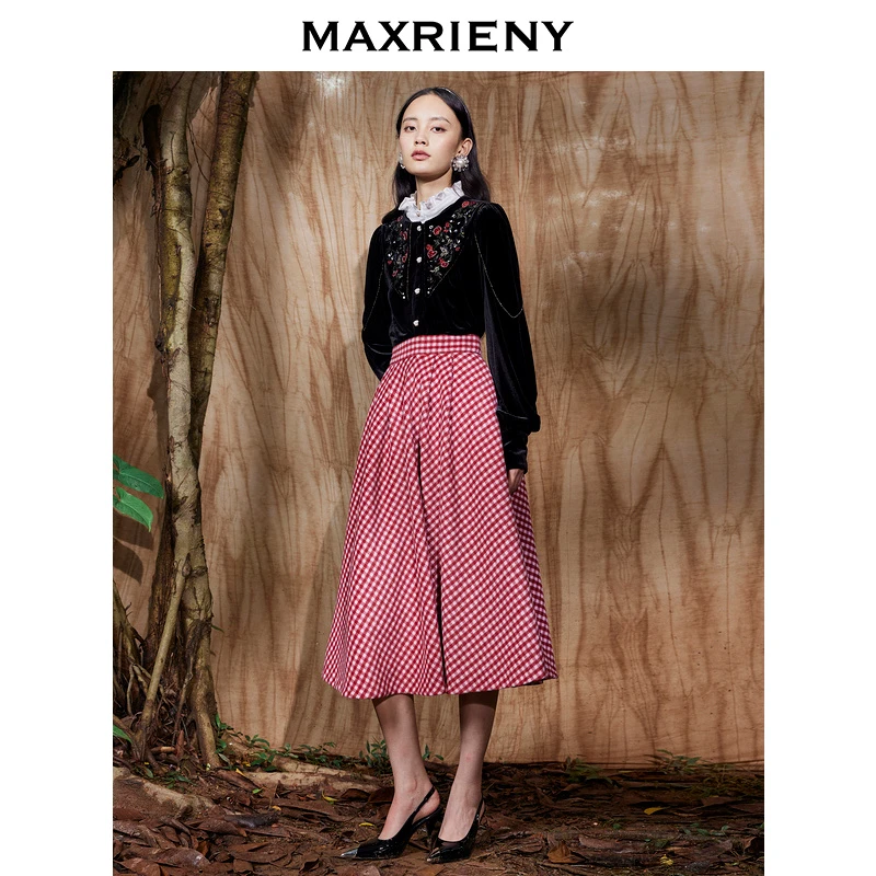 【蜜思仝】MAXRIENY复古纹长裙秋冬法式高腰A字裙大摆裙圣诞穿搭