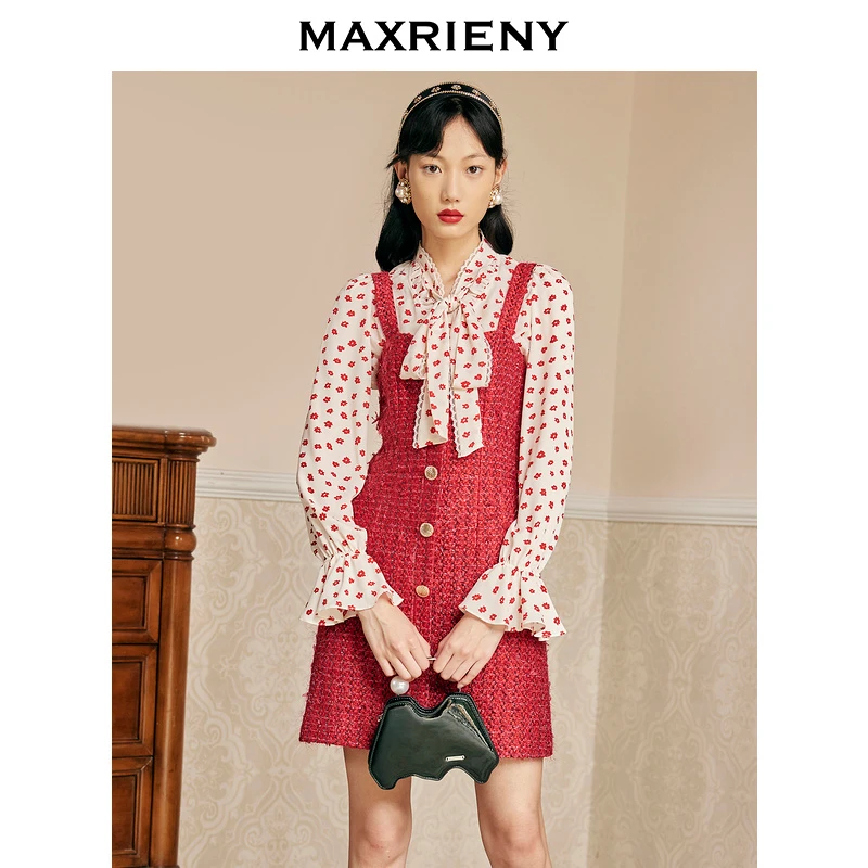 【诗语专属】麦斯芮妮MAXRIENY红色花纱桃心领吊带裙秋连衣裙