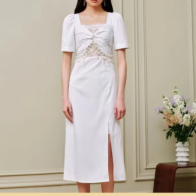 （丫头）MAXRIENY精致御姐风开叉连衣裙镂空小白裙派对小礼裙