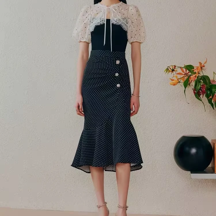 【老板娘夏天】MAXRIENY复古氛围感赫本风波点鱼尾裙半身裙薄荷曼波