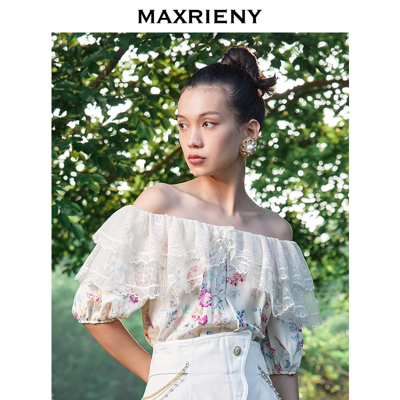 【高高甄选】MAXRIENY碎花一字肩蕾丝衫2022夏梭织印花上衣气质