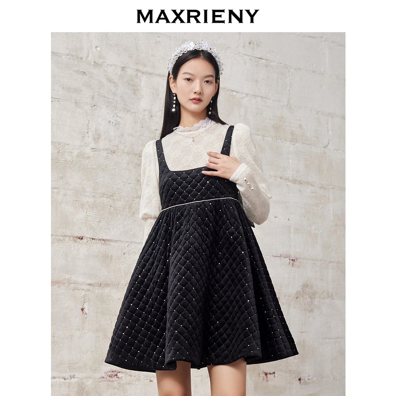 【小呆鸟专享】MAXRIENY连衣裙黑色拼接优雅气质秋冬法式显瘦