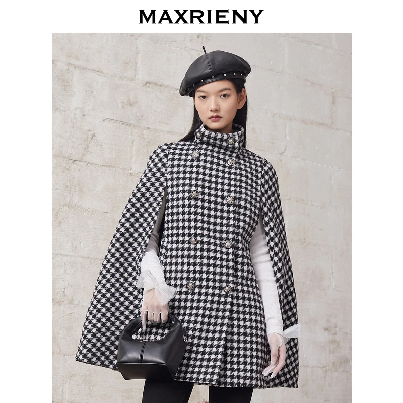 【蜜思仝】MAXRIENY复古千鸟格斗篷大衣女冬季新款毛呢外套