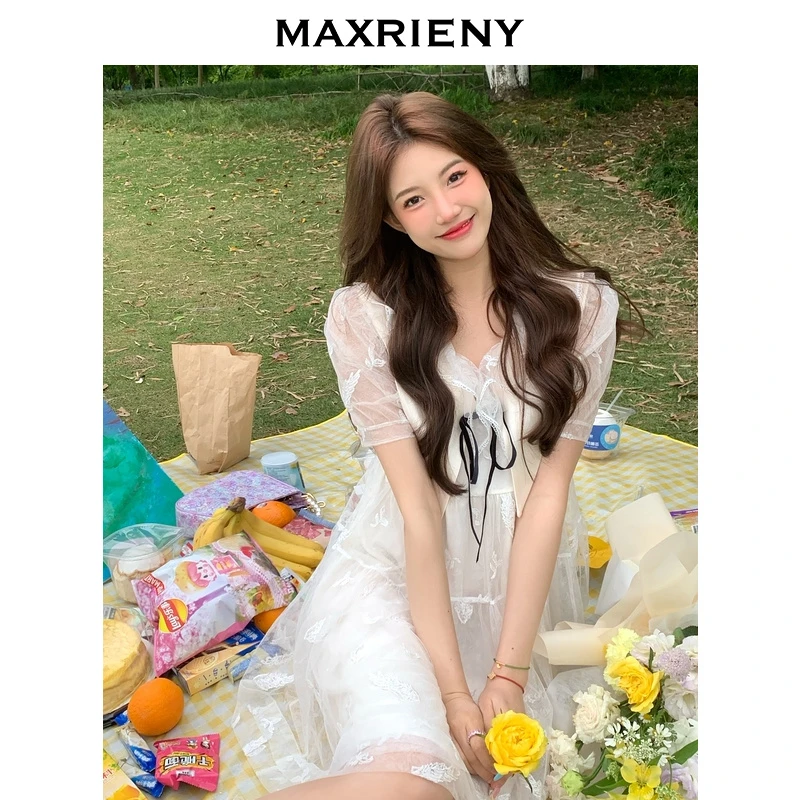【芊芊专属】MAXRIENY蕾丝公主裙夏翻领雪纺连衣裙减龄高级感