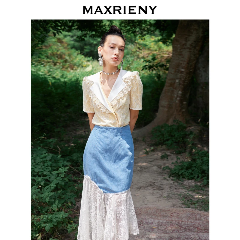 【小余专属】MAXRIENY牛仔裙蕾丝半身裙设计感不规则拼接短裙